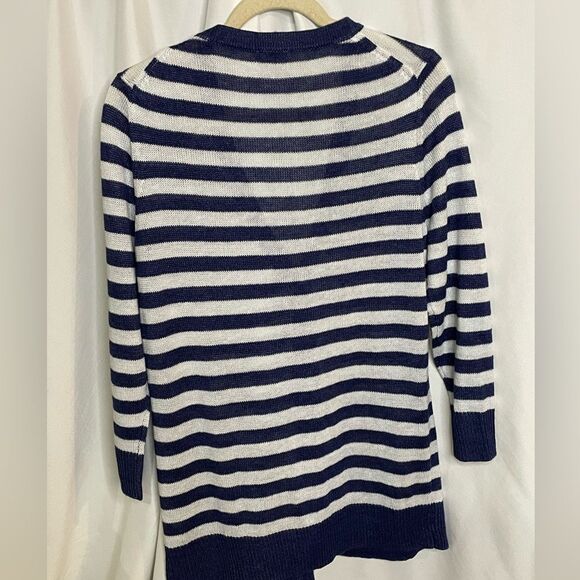 Talbots Womens Cardigan Sweater Navy White Stripe V-Neck Linen L - Picture 5 of 6